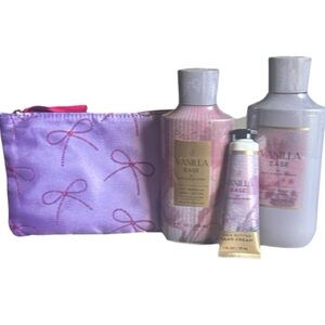Bath & Body Works Vanilla Ease Trio Body Gel & Lotion, Hand Cream & Purple pouch